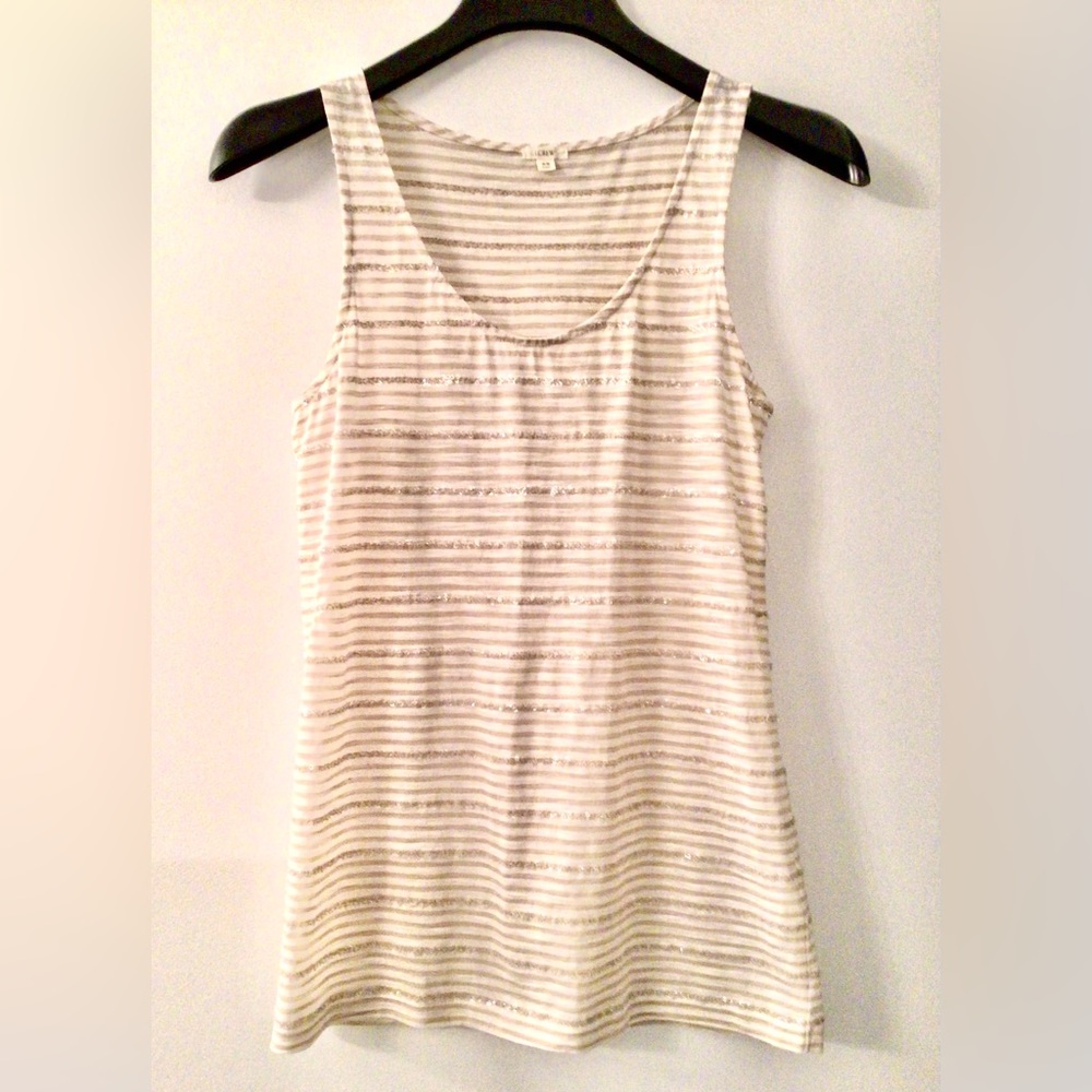 J CREW White & Beige Striped Tank Top with Mini Sequins Detail - XS equi…